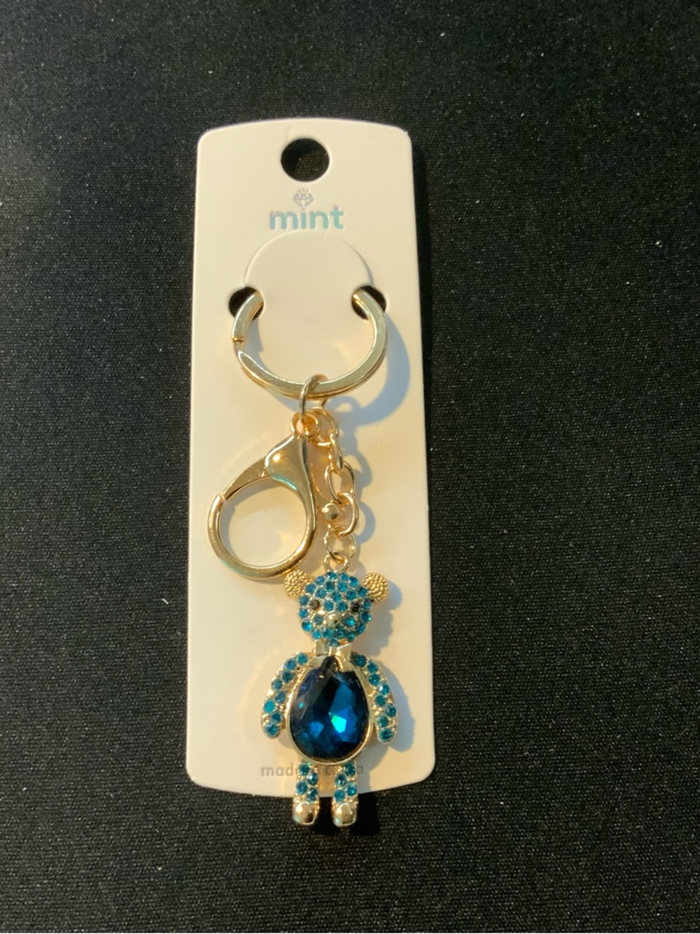Mint Gold-Tone Keychain with Blue Crystal Bear Charm
